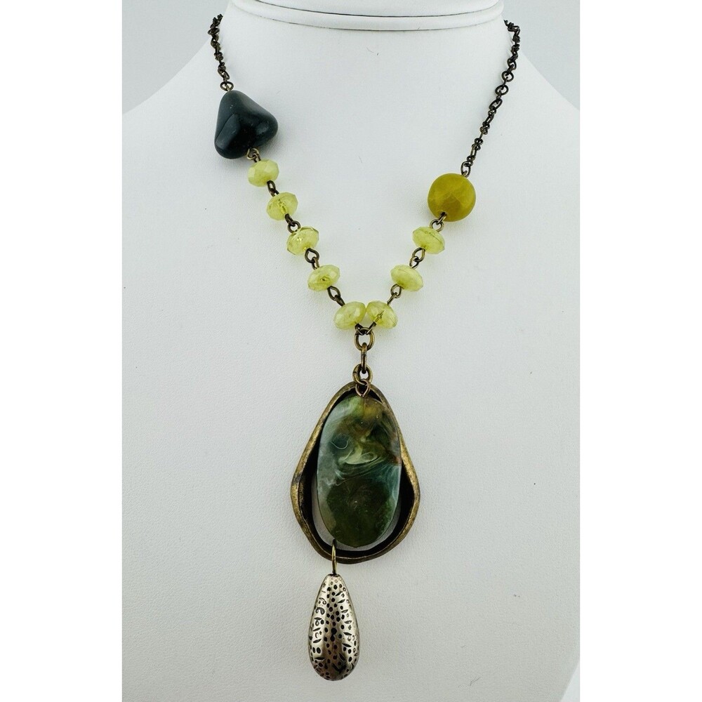 Chicos Pendant Necklace Natural Stone Glass Mixed Media Boho Statement NWT 16”